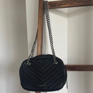 BCBG Black Chevron Shoulder Bag with Silver Chain